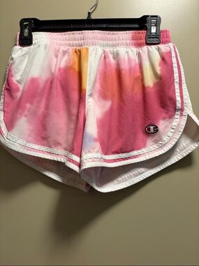 Champion Women's Pink Tie-Dye Athletic Shorts with White Trim